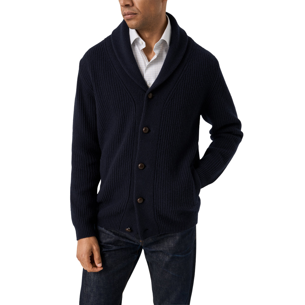 Eton Wool Shawl Collar Knit Cardigan 28 Navy