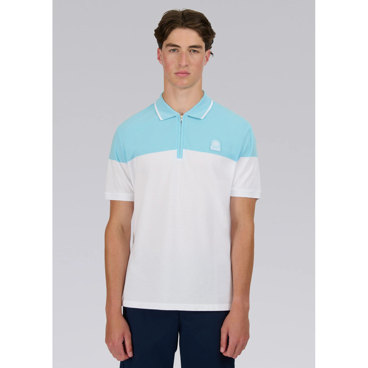 Sandbanks Colour Block Zip Polo Shirt Crystal Blue
