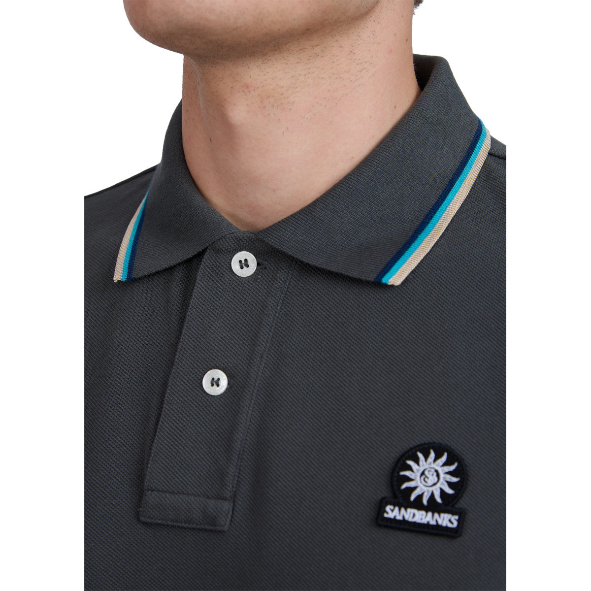 Sandbanks Tipped Badge Pique Polo Shirt Anthracite