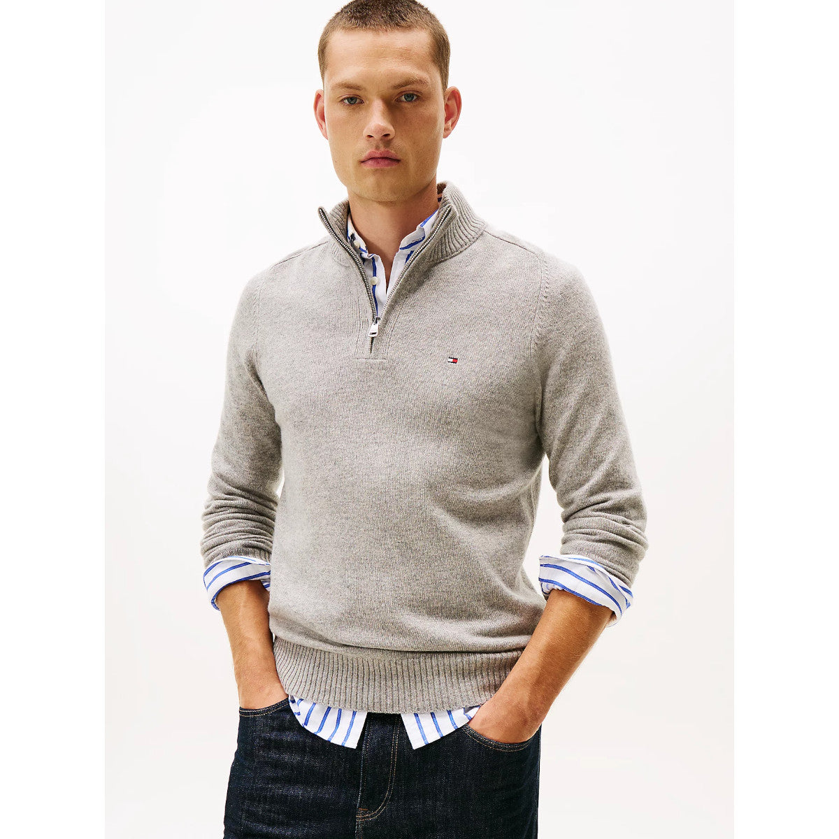Tommy Hilfiger Lambswool Half Zip Sweater PO1 Light Grey Heather