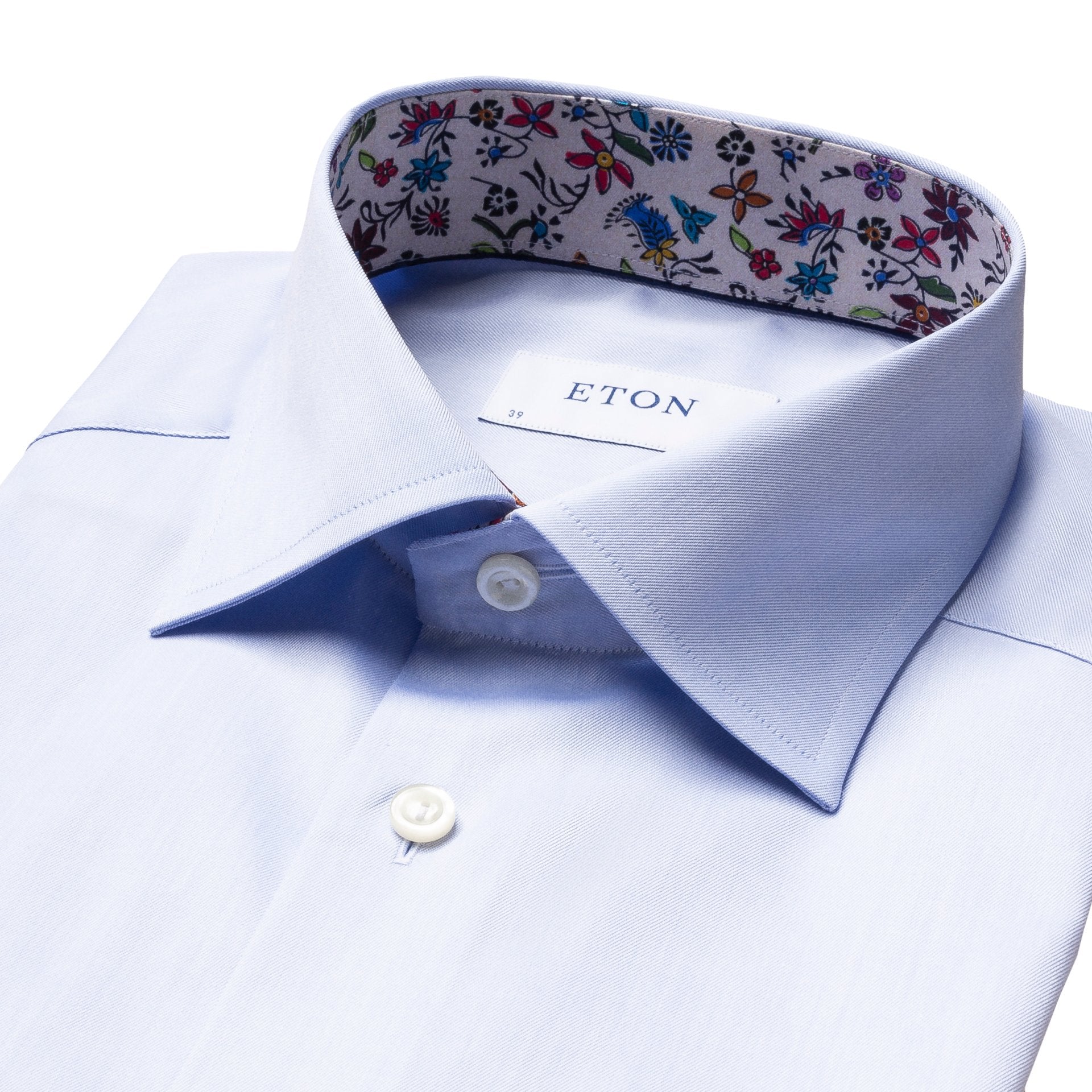 Eton Light Blue Twill Shirt With Floral Trim.